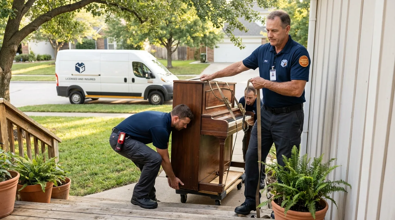 Licensed piano movers securing grand piano in Stamford, NY