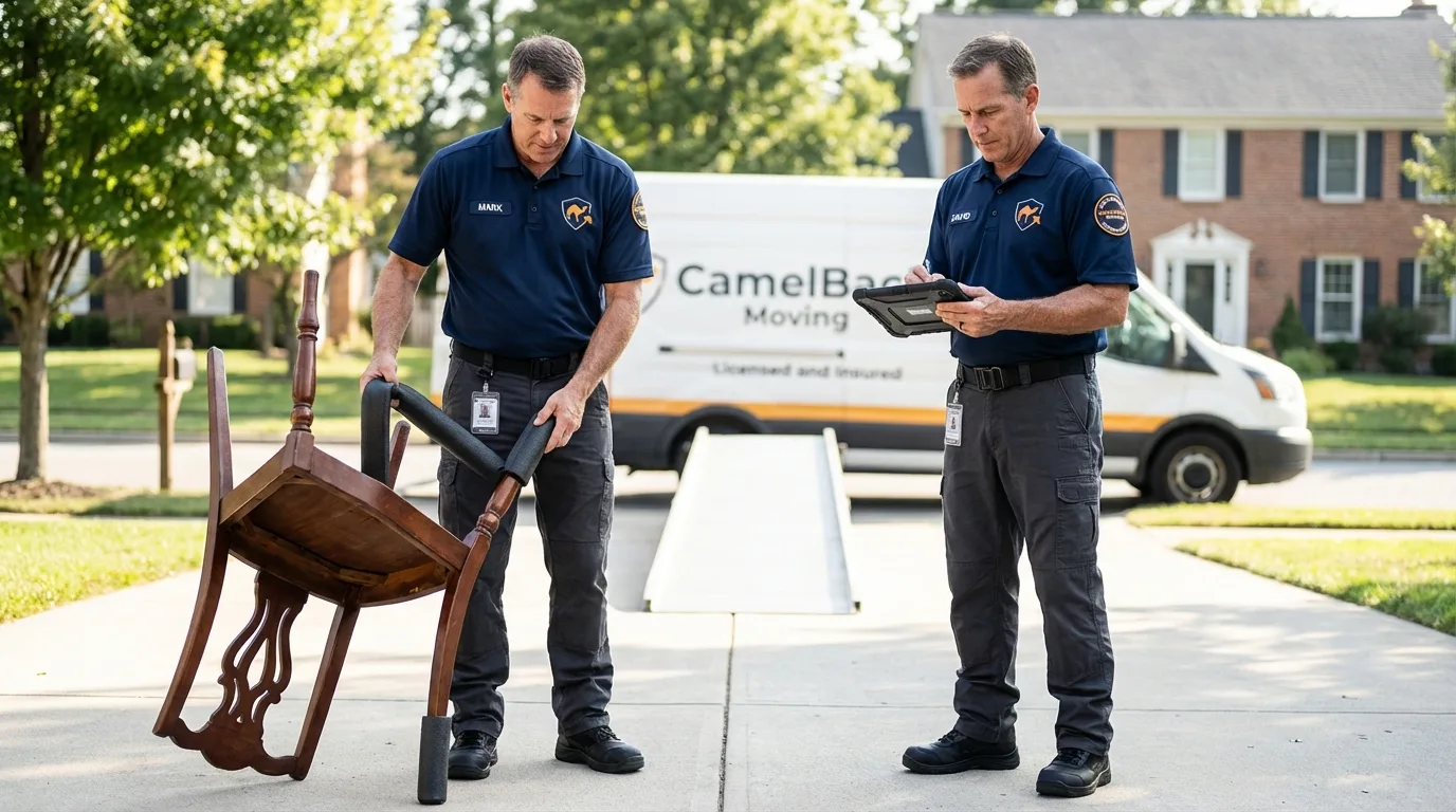 Movers inspecting furniture for damage prevention before loading in Stamford, NY