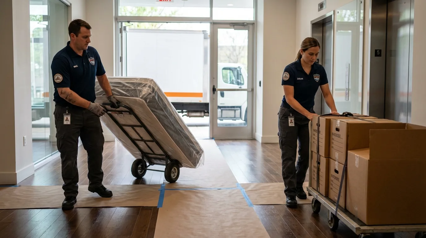 Professional apartment movers loading elevator in Stamford, NY