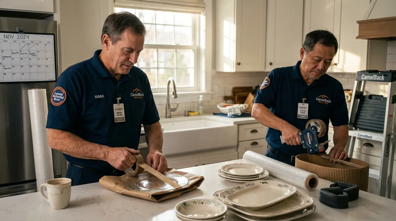Professional crew packing kitchen dishware in Stamford, NY